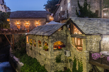 Evening view of old stone buildings in Mostar. Bosnia and Herzegovina