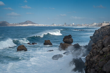 Cityscape. view of Las Canteras beach with strong waves. Las Palmas de Gran Canaria. Canary Islands