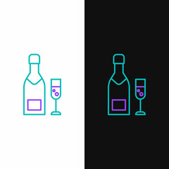 Line Champagne bottle and glass of champagne icon isolated on white and black background. Merry Christmas and Happy New Year. Colorful outline concept. Vector