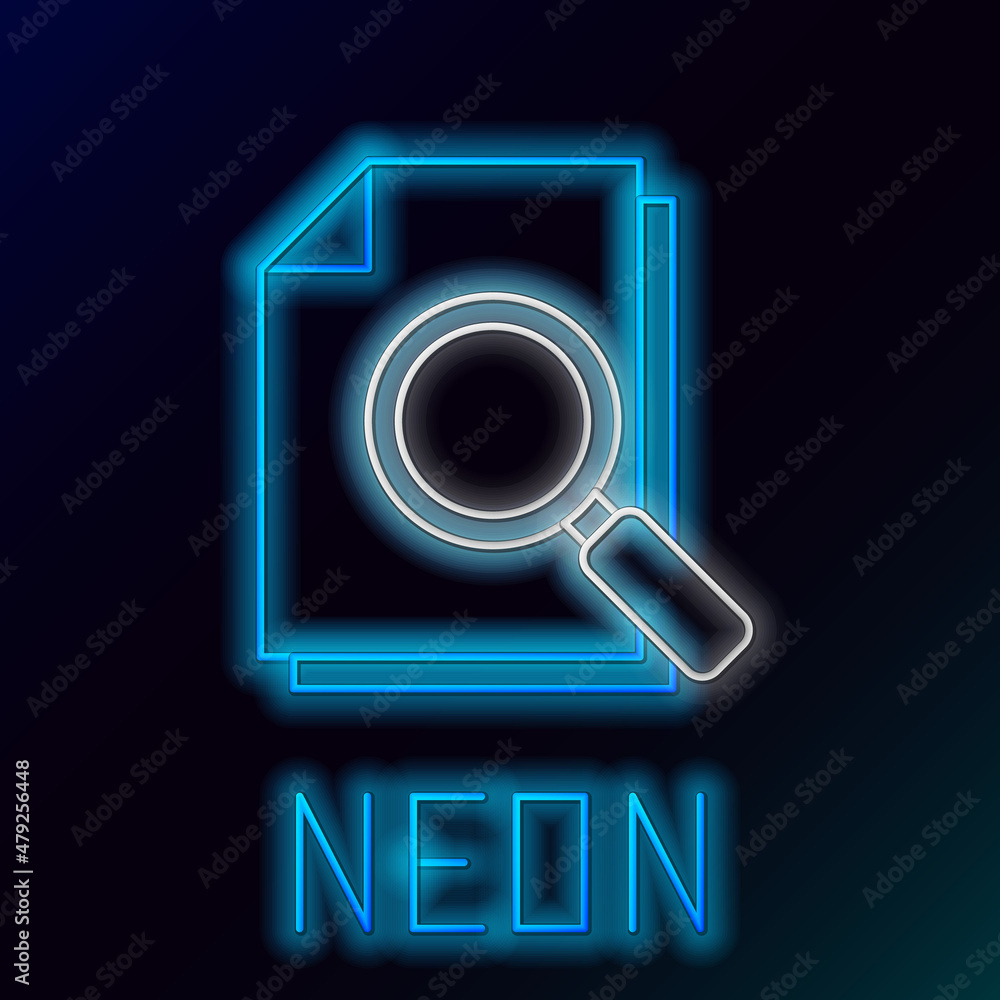 Poster glowing neon line document with search icon isolated on black background. file and magnifying glass 