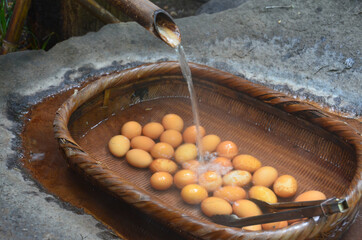 ONSEN TAMAGO, or boiled eggs with natural water of hot spring outdoors