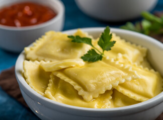 Macro photography. Portion of delicious Italian ravioli drizzled with melted butter and a green sprig of parsley. In the background are two sauces. Menu design, culinary blog, cookbook.