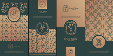 Luxury logo and gold packaging design. nature, luxury lotus, wellness, flower, pattern.