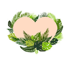 Vector floral heart with green tropical leaves isolated on white background, Hand-drawn illustration of a pink heart with foliage and tropical plants.Design for Valentine's Day and other decorations