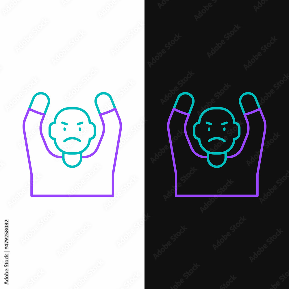 Poster line thief surrendering hands up icon isolated on white and black background. man surrendering with 
