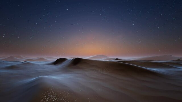 Beautiful desert landscape in the moonlight at night. Sand dunes. A starry sky.