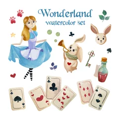 Foto op Aluminium Watercolor wonderland set. Hand drawn vintage art work with white rabbit, girl in blue dress and playing cards © Hanna