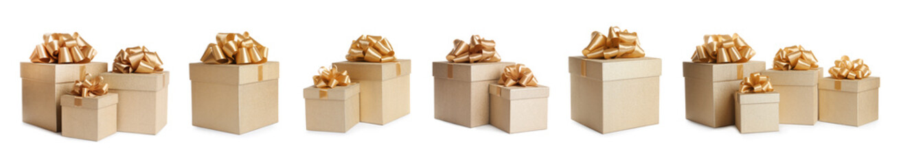Set with beautiful gift boxes on white background. Banner design