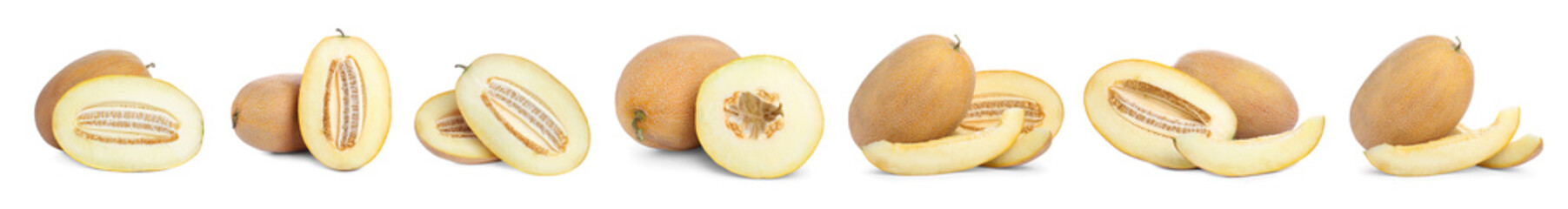 Set with delicious ripe melons on white background. Banner design