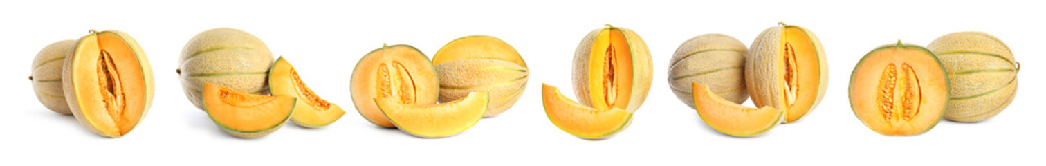 Set with delicious ripe melons on white background. Banner design