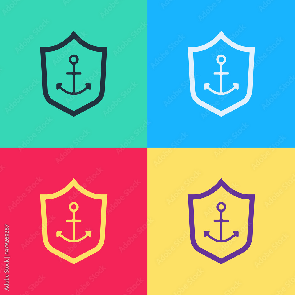 Poster pop art anchor inside shield icon isolated on color background. vector