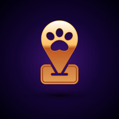 Gold Location pet grooming icon isolated on black background. Pet hair salon. Barber shop for dogs and cats. Vector