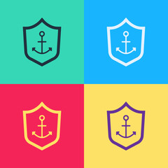 Pop art Anchor inside shield icon isolated on color background. Vector