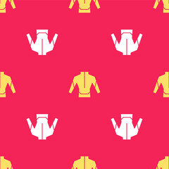 Yellow Wetsuit for scuba diving icon isolated seamless pattern on red background. Diving underwater equipment. Vector
