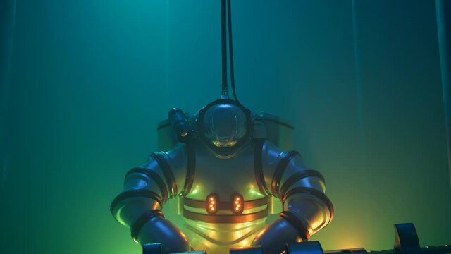 Diver in a high tech exosuit. Underwater discovering. Submarine suit. Welding