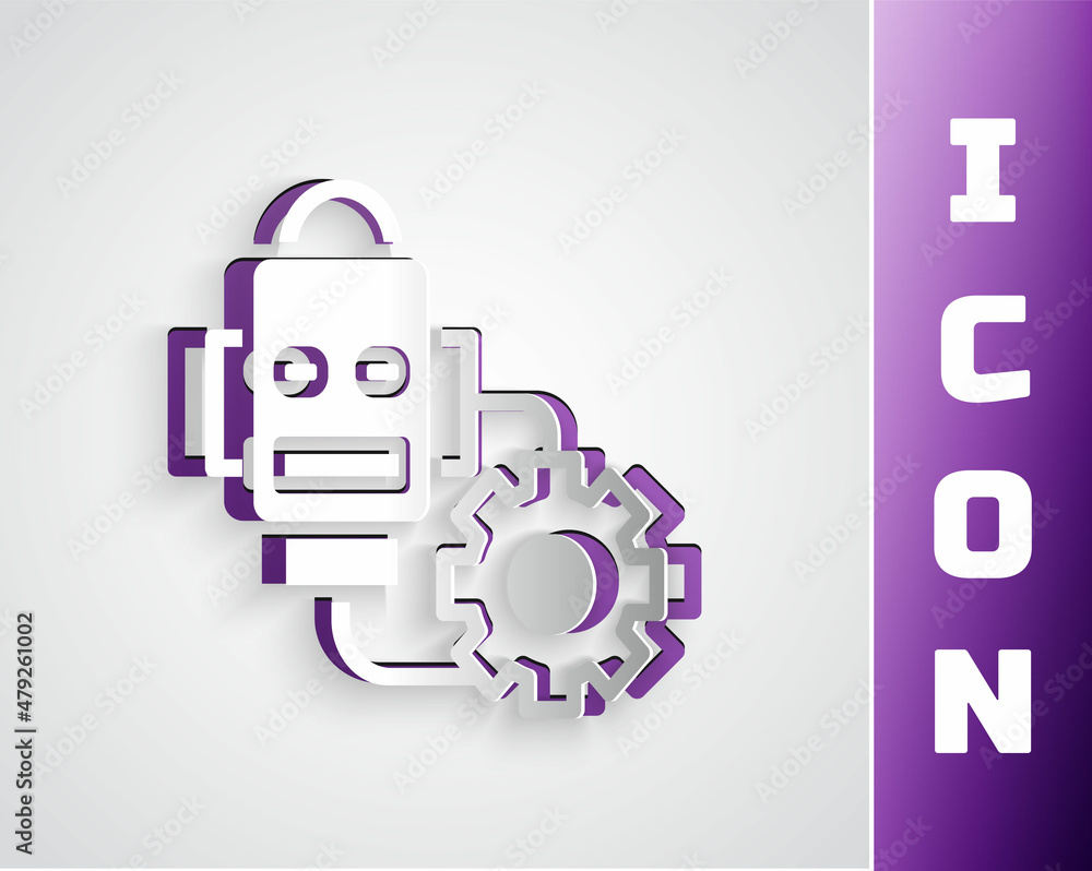 Poster paper cut robot setting icon isolated on grey background. artificial intelligence, machine learning,