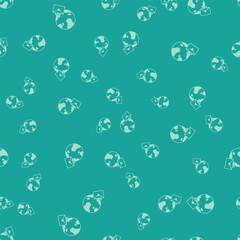 Green Online working icon isolated seamless pattern on green background. Freelancer man working on laptop at his house. Remote work. Distant job concept. Vector