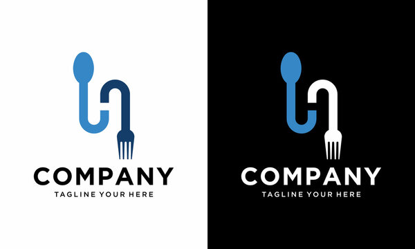 Simple, Modern and Unique illustration logo design initial H combine with fork and spoon. Logo recommended for business related Beverages, Restaurant, Cafe and Food. on a black and white background.