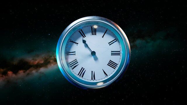 The clock face of the old shiny watch on the beautiful starry sky. Time travel