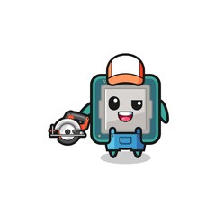 the woodworker processor mascot holding a circular saw