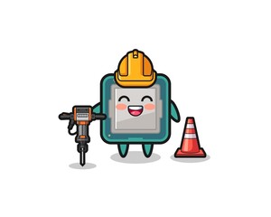 Fototapeta premium road worker mascot of processor holding drill machine