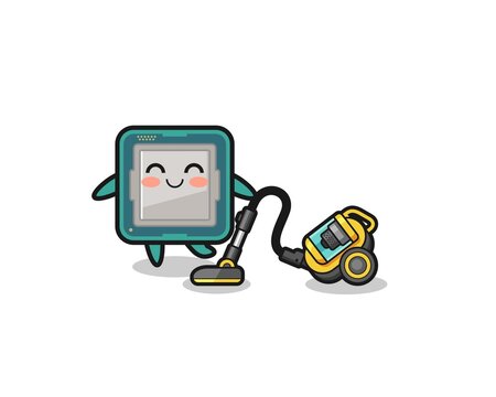 cute processor holding vacuum cleaner illustration