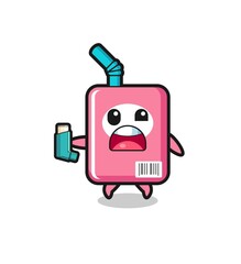 milk box mascot having asthma while holding the inhaler
