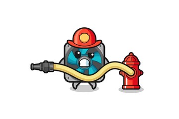 computer fan cartoon as firefighter mascot with water hose