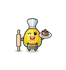 corn as pastry chef mascot hold rolling pin