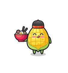 corn as Chinese chef mascot holding a noodle bowl