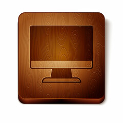 Brown Computer monitor screen icon isolated on white background. Electronic device. Front view. Wooden square button. Vector