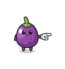 eggplant mascot with pointing right gesture
