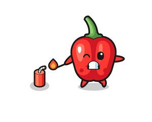 red bell pepper mascot illustration playing firecracker