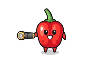 red bell pepper mascot holding flashlight
