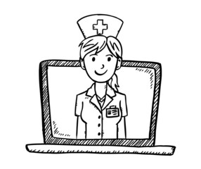 Cartoon style vector of medical online consultation. Sketch style black and white doodle illustration of smiling female nurse on laptop screen.