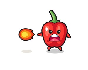 cute red bell pepper mascot is shooting fire power