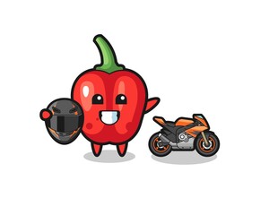 cute red bell pepper cartoon as a motorcycle racer