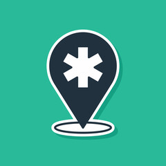 Obraz premium Blue Medical map pointer with cross hospital icon isolated on green background. Vector