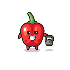 red bell pepper mascot lifting kettlebell in the gym
