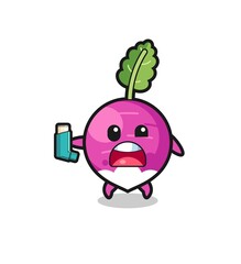 turnip mascot having asthma while holding the inhaler