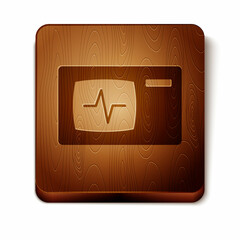 Brown Computer monitor with cardiogram icon isolated on white background. Monitoring icon. ECG monitor with heart beat hand drawn. Wooden square button. Vector