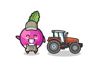 the turnip farmer mascot standing beside a tractor