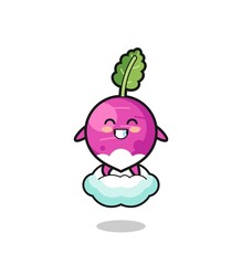 cute turnip illustration riding a floating cloud