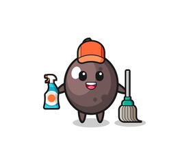 cute black olive character as cleaning services mascot