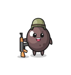 cute black olive mascot as a soldier