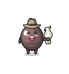 black olive zookeeper mascot with a parrot