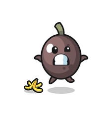 black olive cartoon is slip on a banana peel