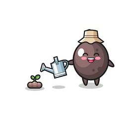 cute black olive is watering plant seeds
