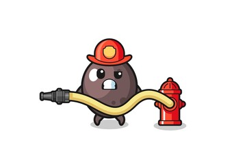 black olive cartoon as firefighter mascot with water hose