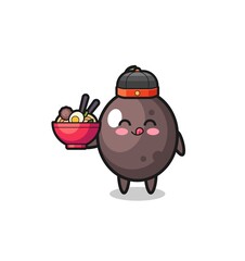 black olive as Chinese chef mascot holding a noodle bowl